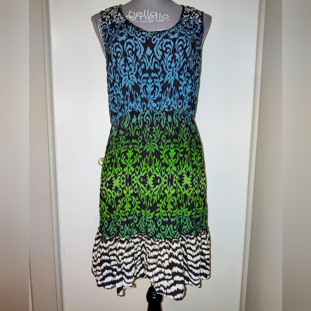 Corey P Rayon Mixed Print Damask Geometric Sleeveless Ruffle Dress Blue XL